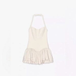 Zara NWT Cream Corset Halter Ruffle Romper XS Ecru Mini Dress Look